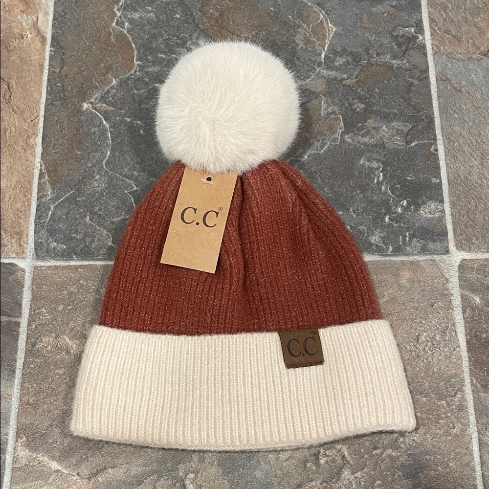 C.C Red and Cream Pom-Pom Hat